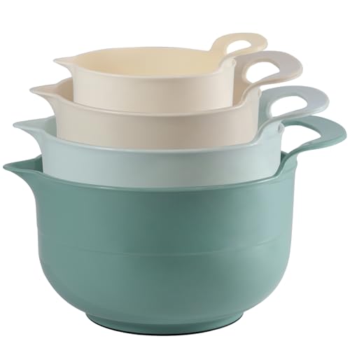 Mixing Bowls - 4 Piece Nesting Plastic Mixing Bowl Set with Pour Spouts and Handles - Non Slip Bottom and Measurement Markings (Light Green)