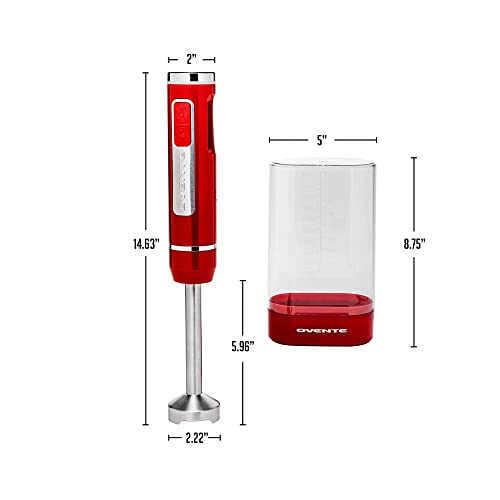 OVENTE Cordless Immersion Hand Blender, Rechargeable Handheld Portable Stick Mixer with 8 Mixing Speed Option, One-Touch Control and Stainless Steel Blades for Smoothies, Shakes or Soups, Red HR781R