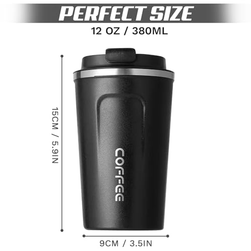 SPLMIFA Travel coffee mugs leak-proof, reusable coffee cups with lids, stainless steel vacuum insulated coffee tumblers, thermal insulation cups for men & women keep drinks hot & cold(2nd-Black, 12OZ)