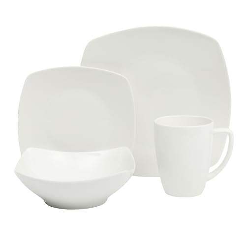 Gibson Home Zen Buffet White Porcelain Dinnerware Set for 4, Square Plates Bowls and Mugs, Chip and Scratch Resistant, Dishwasher and Microwave Safe, 16 Piece