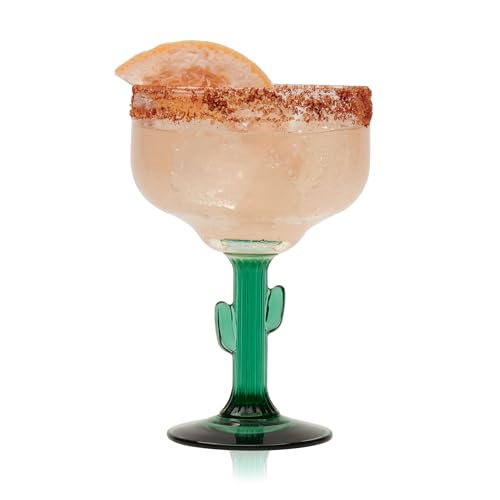 Libbey 3620JS Cactus Margarita Glasses Set of 4, Durable Green Stemmed Cocktail Glasses, 16 Oz Clear Bowl Lead-Free Cactus Glassware
