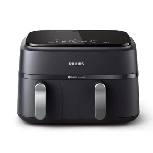 Philips Dual Basket Air Fryer 3000 Series — 8-in-1 functions, 9.5 Quarts Airfryer, 2 Drawers, Auto-sync Cooking Time, 90% Less Fat, Rapid Air Technology, HomeID App, Dishwasher Safe, Black (NA351/00)