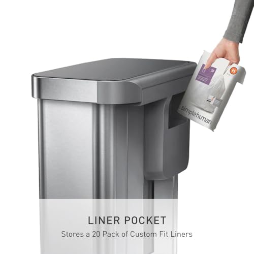 simplehuman Rectangular Step Can, 45L / 12 Gallon Kitchen Trash Can, Liner Rim System, Liner Pocket®, 150,000-Step Pedal, Lid Shox® Silent Close, Brushed Stainless Steel with Grey Plastic Lid