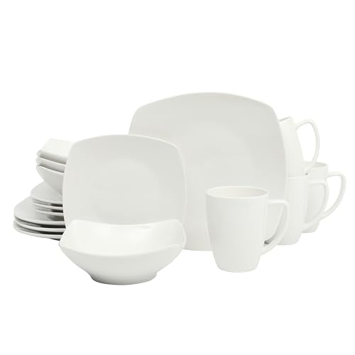Gibson Home Zen Buffet White Porcelain Dinnerware Set for 4, Square Plates Bowls and Mugs, Chip and Scratch Resistant, Dishwasher and Microwave Safe, 16 Piece