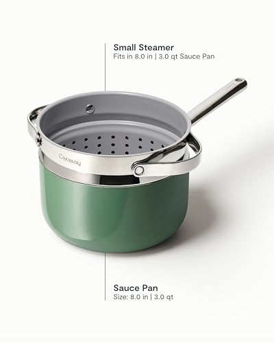 Caraway Nonstick 3 Qt Ceramic Sauce Pan with Lid & Steamer - Non Toxic, PTFE & PFOA Free - Oven Safe & Compatible with All Stovetops (Gas, Electric & Induction) - Sage