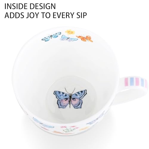 Colorful Butterfly Mug - 20oz Bone China Coffee Tea Hug Mug with Multicolor Butterflies, Ladybugs, Bees & Blooms, Perfect Gifts for Mom Women Mothers Day, Designed in England by Harvest Green Studio