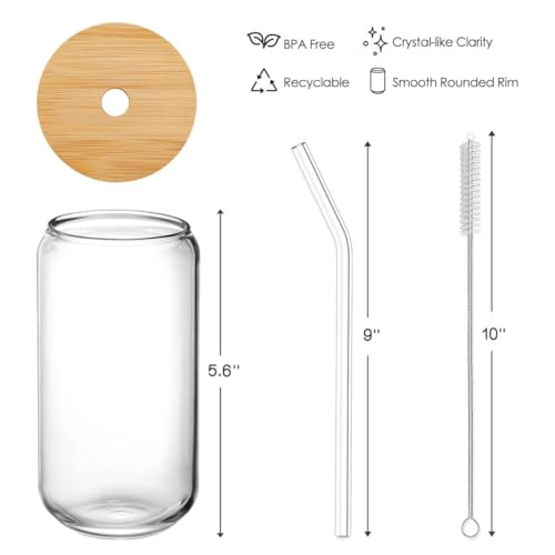 Drinking Glasses with Bamboo Lids and Glass Straw 4pcs Set - 16oz Glass Cups, Iced Coffee Glasses, Cute iced Tea Glasses, Beer Glasses, Ideal for Coffee Bar Accessories, Aesthetic Gift - 2 Brushes