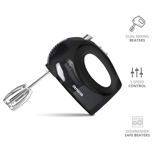 AIWA 5-Speed Hand Mixer with Eject Button, Electric Handheld Mixer for Cream, Batter, Eggs & Baking, Stainless Steel Beaters, Dishwasher-Safe, Lightweight Compact Design, Black