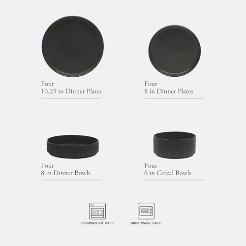 Gibson Elite Deerfield 16-Piece Stoneware Dinnerware Set – Matte Black Reactive Glaze Plates and Bowls, Stackable, Modern Design, Service for 4 – Microwave & Dishwasher Safe