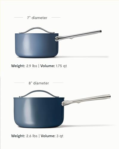 Caraway Nonstick Ceramic Sauce Pan with Lid (3 qt) - Non Toxic, PTFE & PFOA Free - Oven Safe & Compatible with All Stovetops (Gas, Electric & Induction) - Navy