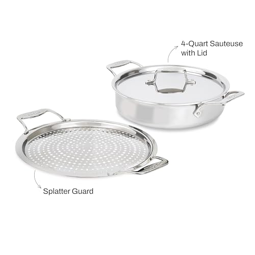 All-Clad D5® 5-Ply Brushed Stainless Steel Sauteuse with lid and Strain & Splatter Guard, 4-Quart, Induction, Oven & broiler safe up to 600°F, Cookware, Kitchen Essential, Pots and Pans, Silver