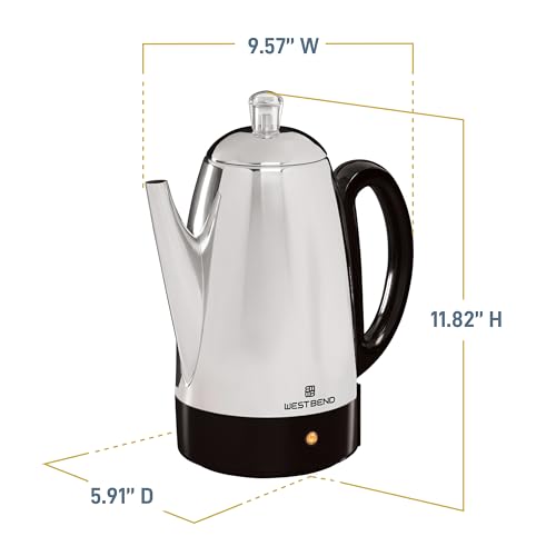West Bend Electric Percolator Classic Style Coffee Maker with Heat Resistant Handle Base and Detachable Cord with Stainless Steel Stem and Basket, 12-Cup, Silver