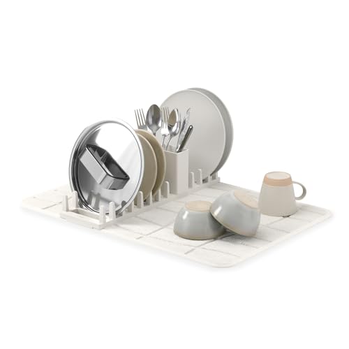 Umbra UDry Dish Drying Rack with Mat – Kitchen Countertop Dish Drainer & Absorbent Microfiber Drying Mat, Foldable Dish Rack Organizer for Plates, Cups & Utensils, Sand