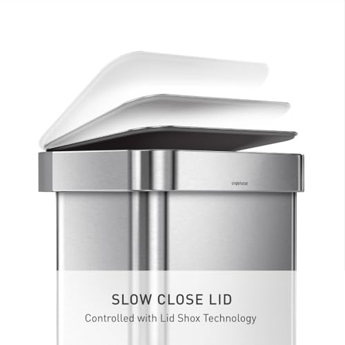 simplehuman Rectangular Step Can, 45L / 12 Gallon Kitchen Trash Can, Liner Rim System, Liner Pocket®, 150,000-Step Pedal, Lid Shox® Silent Close, Brushed Stainless Steel with Grey Plastic Lid