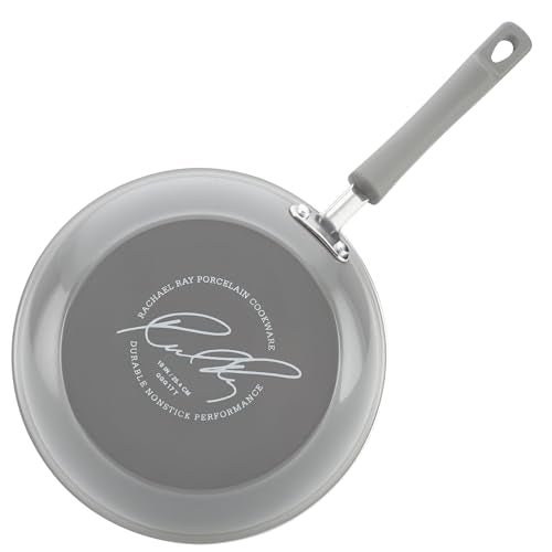 Rachael Ray Cookware Classic Brights Hard Enamel Aluminum Nonstick Cookware Set, 14-Piece, Sea Salt Gray