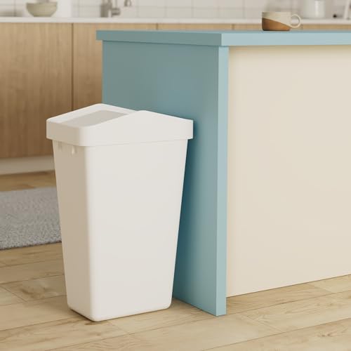 Rubbermaid Swing Top Waste Container for Home and Kitchen, Easy Access Disposal and Slim Modern Trash Can with Lid, 12.2 Gallon Capacity, White