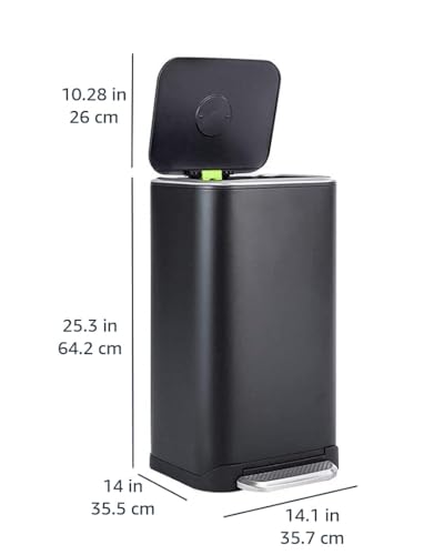 Amazon Basics Rectangular Metal Trash Can With Soft-Close Foot Pedal, Fingerprint Resistant, Removable Inner Bucket, 32 liter/8.5 gallon, Black, 14"L x 14"W x 25.3"H