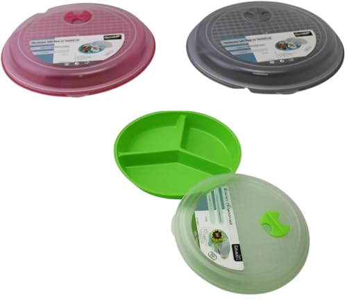 3-Pack Divided Microwave Plates with Vented Lids – Mixed Colors – BPA-Free Reusable Plates for Portion Control, Meal Prep & Leftovers – Stackable, Freezer & Dishwasher Safe