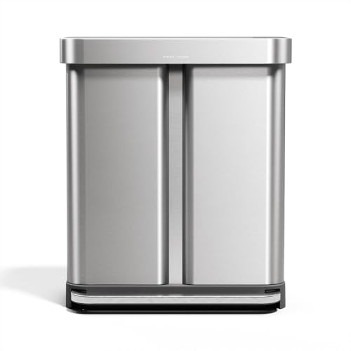 simplehuman Step Recycler, 58L / 15.3 Gallon Dual Compartment Kitchen Trash Can, 150,000-Step Pedal, Lid Shox® Technology, Liner Rim System, Liner Pocket®, Brushed Stainless Steel with Plastic Lid