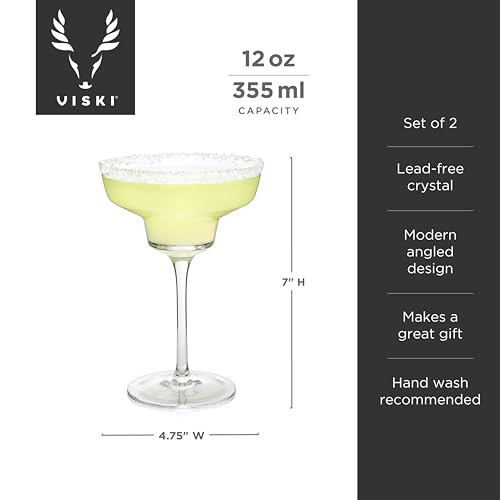 Viski Raye Angled Stemmed Margarita Glasses, Premium Crystal Cocktail glasses, Bar Accessories, Perfect Cocktail Gift, Set of 2, 12oz