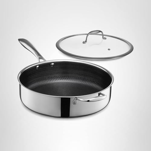 HexClad 5.5 Quart Hybrid Nonstick Deep Sauté Frying Pan with Lid, Dishwasher and Oven-Safe, Induction Ready, Compatible with All Cooktops