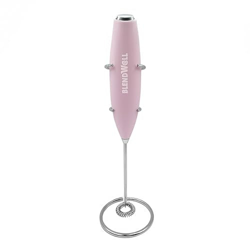 BlendWell Electric Milk Frother for Matcha and Coffee, Handheld Battery Operated Drink Mixer with Stand, Stainless Steel Whisk, Rose Pink
