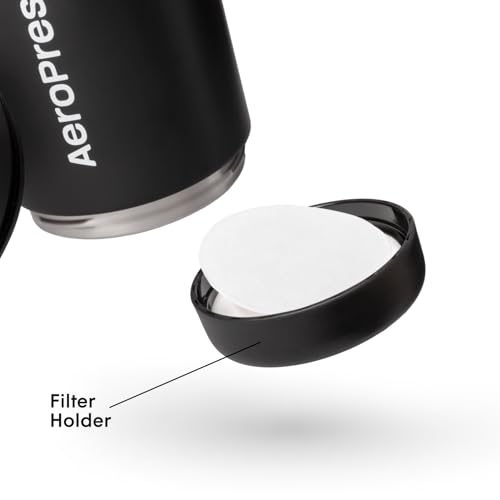 AeroPress Stainless Steel Travel Coffee Tumbler - Double-Wall Insulation for Hot or Cold Drinks with a Splash-Resistant Lid and Built-In Filter Storage, Cup Holder Friendly - 16 oz, Black