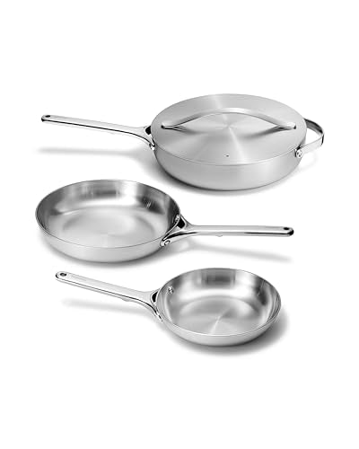 Caraway Stainless Steel 4-Piece Fry Pan Set, 5-Ply Frying Pans (8" & 10.5”) & Saute Pan, Non-Toxic, PTFE & PFOA