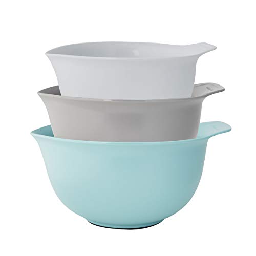 KitchenAid Universal Nesting Plastic Mixing Bowls, Set Of 3, 2.5 quart, 3.5 quart, 4.5 quart, Non Slip Base with Easy Pour Spout to Reduce Mess, Dishwasher Safe, Aqua Sky, White, Gray