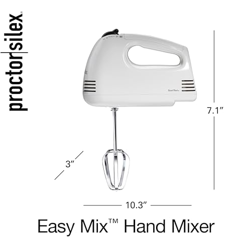 Proctor Silex Easy Mix 5-Speed Electric Hand Mixer with Bowl Rest, Compact and Lightweight, 100 Watts of Peak Power, White (62515PS)