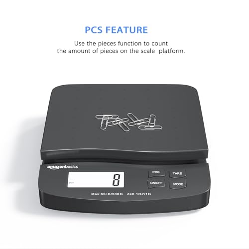 Amazon Basics Digital Postal Shipping Scale with Tare Function, AC Adapter, 65 lb Capacity, 0.1 oz Readability, LCD Display, Black