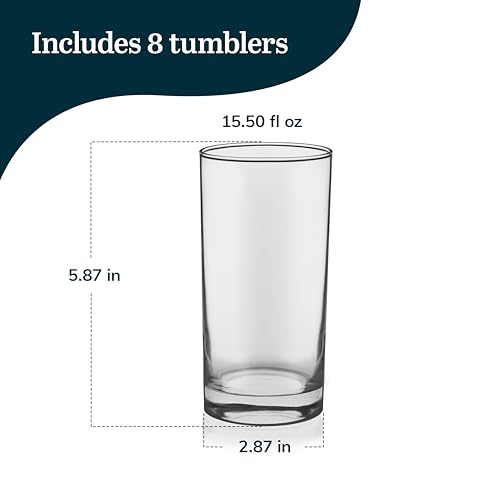 Libbey Heavy Base Drinking Glasses Set of 8, 15.5 Oz Elegant, Weighted Clear Water Glasses, Dishwasher Safe Glass Cups Set for Parties, Birthdays