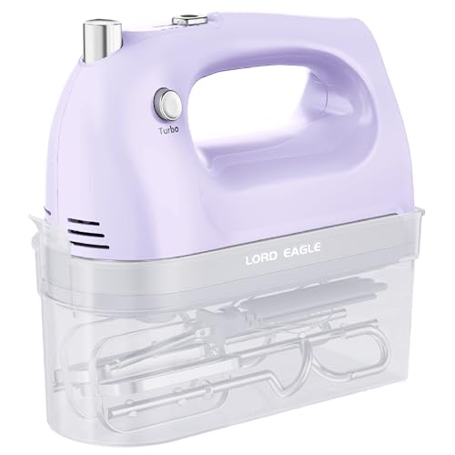 Lord Eagle Hand Mixer Electric Handheld 400W, 5-Speed Lightweight Kitchen Mixer with Storage Case, 5 Stainless Steel Attachments for Baking Cake Egg Cream Food Beater, Turbo+Eject Button, Purple
