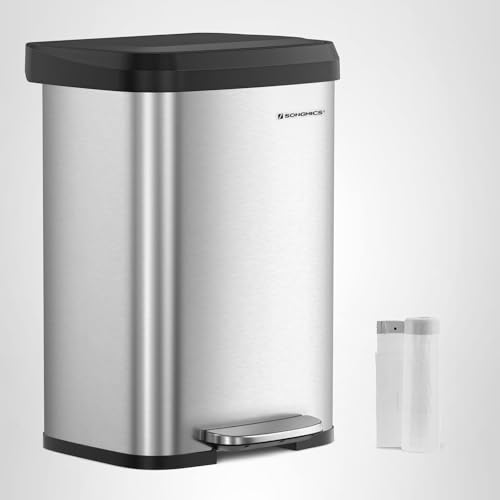 SONGMICS Kitchen Trash Can, 13 Gallon (50 L) Stainless Steel Garbage Can, with Stay-Open Lid and Step-on Pedal, Soft Closure, Tall, Large and Space-Saving, Silver and Black ULTB530E50