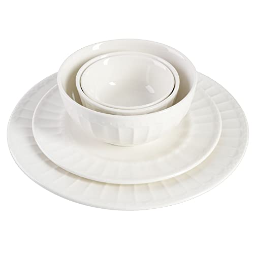 Gibson Home Zen Buffet Porcelain Ceramic Dinnerware Sets for 8, Plates and Bowls Set (40pcs), White Embossed Dishes