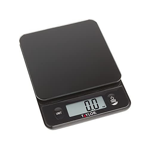 Taylor Glass Top Food Scale with Touch Controls, 11 lb Capacity, Sleek Black Design for Precision Food Measurement in Grams and Ounces