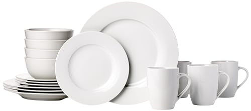 Amazon Basics 16-Piece Porcelain Dinnerware Set, Microwave and Dishwasher Safe, Service for 4, Plates, Bowls and Mugs, White