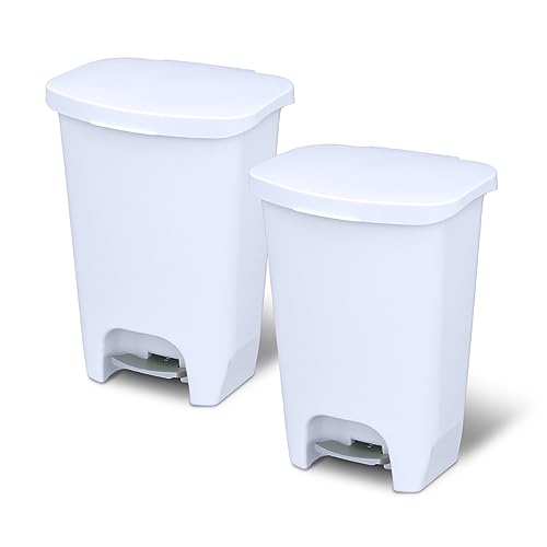 Glad 13 Gallon Trash Can with Clorox Odor Protection, 2 Pack | Plastic Kitchen Waste Bin | Hands Free with Step On Foot Pedal and Garbage Bag Rings, White