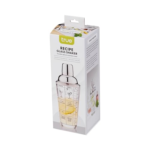True Glass Cocktail Shaker with 7 Classic Recipes and Measurements for Cold Brew Cocktails, Home Bar Accessories, Bar Tools, Bartender Gifts, Hosting Essentials, 13.5 oz, Set of 1, Clear