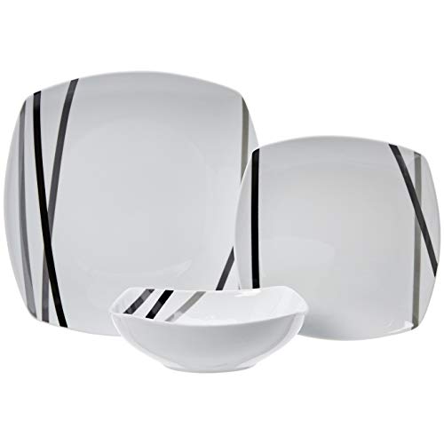 Amazon Basics Square Dinnerware Set for 6, Plates and Bowls for Kitchen, 18-Piece, Dishwasher and Microwave Safe, Modern Beams
