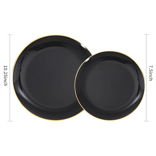 KIRE 100PCS Black and Gold Plates - Black Plastic Plates Disposable with Gold Rim Include 50Pcs 10.25inch Dinner Plate and 50Pcs 7.5inch Dessert/Salad Plate for Party/Wedding/Graduation/Father's Day