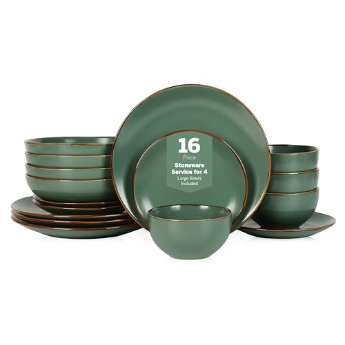 Stone Lain Brasa Modern Stoneware 16 Piece Dinnerware Sets, Plates and Bowls Sets, Dish Set for 4, Green