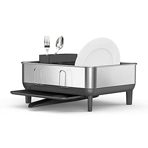 simplehuman Steel Frame Dishrack, Compact Dish Drying Rack for Small Kitchens, 360º Easy Drain Swivel Spout, Anti-Residue Coating, Moisture Control Surface, Brushed Stainless Steel
