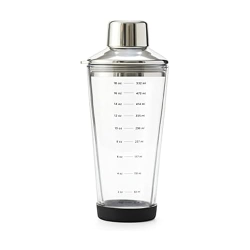 Rabbit 18 oz Glass Cocktail Shaker with Printed Measurements, Multi-Use Stainless Steel Topper with 1.5 oz Jigger Cap and Strainer, 3.94 x 3.54 x 9.06 IN
