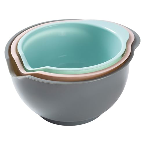 Cheeren Set of 3 Mixing Bowls with Pour Spout-Nesting Design Saves Space - Non-Slip, BPA Free, Dishwasher Safe Plastic - Kitchen Cooking and Baking Supplies (Green Pink Grey)