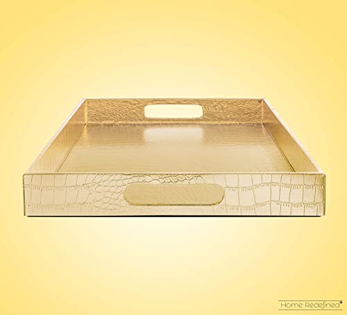 Home Redefined 17.5"x12" Gold Glossy Crocodile Faux Leather Serving Tray Beautiful Modern Elegant Decorative Tray with Handles Ottoman Coffee Table Tray for All Occasion's
