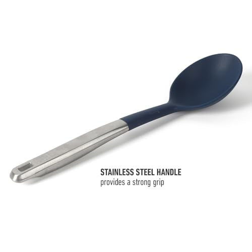 Calphalon Prime Kitchen Spoon, Kitchen Cooking Spoon, Silicone Spoon, Stainless Steel Spoon with Navy Silicone Head High-Heat Resistant for Nonstick Cookware, Ergonomic Handle for Stirring