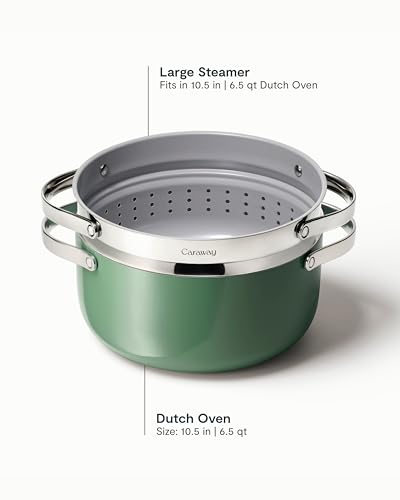 Caraway Nonstick Ceramic Dutch Oven Pot with Lid & Steamer (6.5 qt, 10.5") - Non Toxic, PTFE & PFOA Free - Oven Safe & Compatible with All Stovetops (Gas, Electric & Induction) - Sage