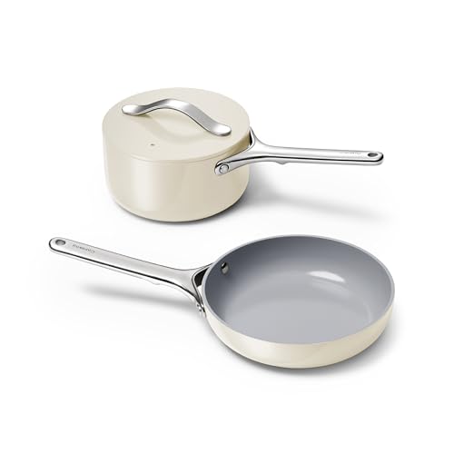 Caraway Mini Cookware Set, Non-Stick Ceramic Fry Pan (1.05 qt, 8") Sauce Pan (1.75 qt) & Storage Rack, Non