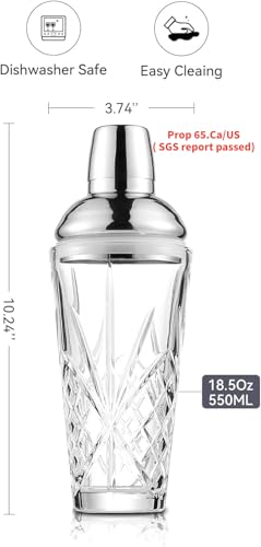Fioance Cut Crystal Cocktail Shaker 18.5oz Sealed Lid, Mult-Use